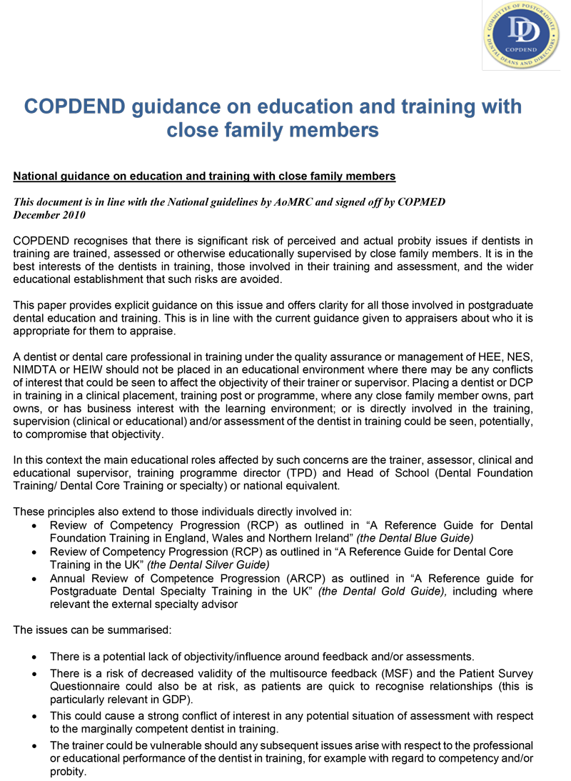 Copdend guidance on education and training with close family member